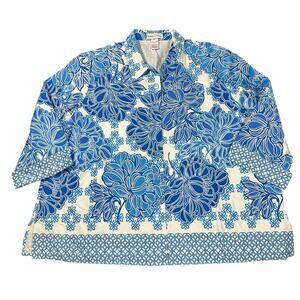 Drapers & Damons Blue Floral Asian Print Button Down Shirt 3/4 Sleeves Womens 3X